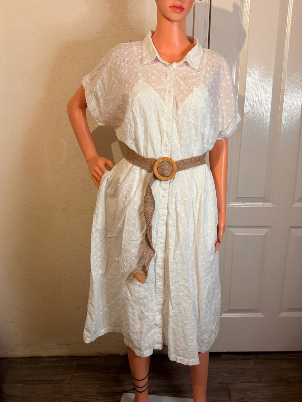 Time and Tru White Eyelet Midi Shirt Dress with Woven Belt
